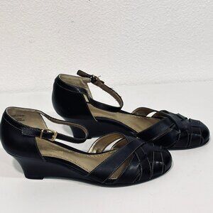 Naturalizer Harvard Leather Wedge Heels Black Sandals Ankle Strap Womens Size 7W